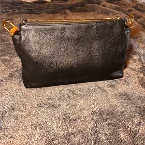 Valentina Black Leather Shoulder Bag with Gold Accents